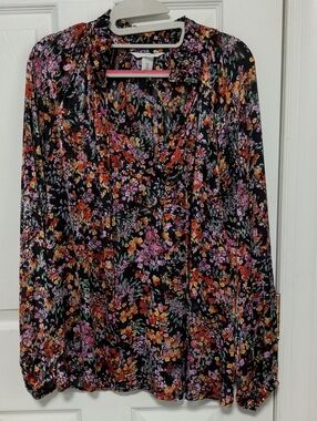 H&M Black Floral Blouse with Pink, Orange & Purple Flowers